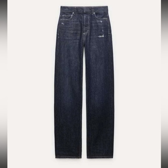 Zara Straight Leg Mid Rise Dark Wash Jeans - Picture 2 of 14